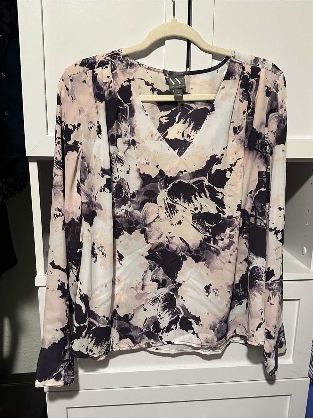 Worthington Abstract Floral V Neck Long Sleeve Blouse Size L